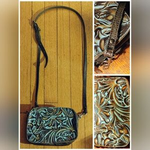 💙🤎Patricia Nash: Tooled Leather Crossbody – Teal & Brown Floral Embossed